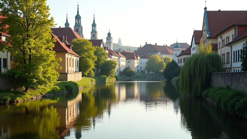 Vilnia River with historic buildings reflected in calm water, tree-lined banks